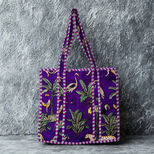 Purple Floral Hand-Printed Tote Bag