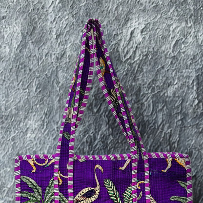 Purple Floral Hand-Printed Tote Bag