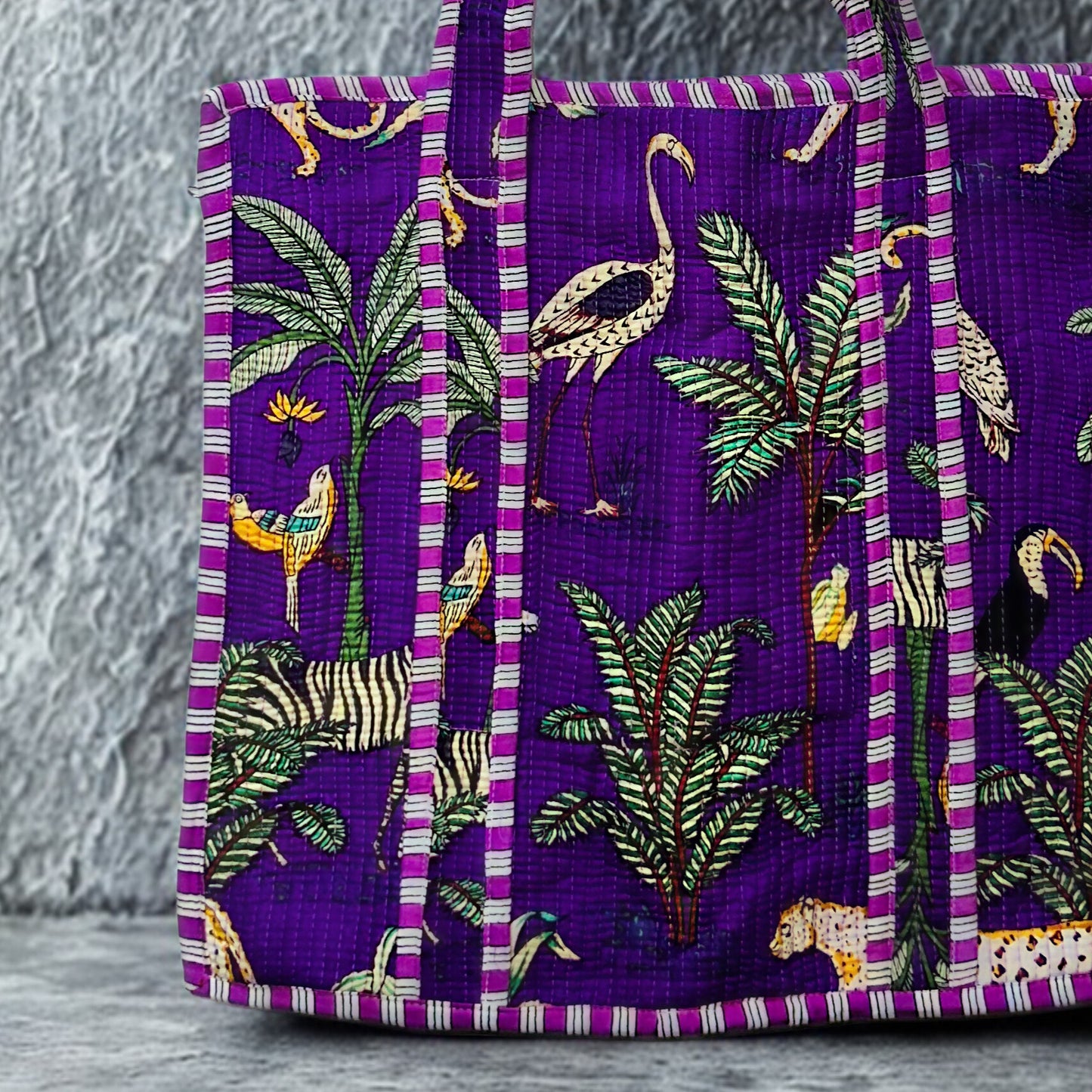 Purple Floral Hand-Printed Tote Bag