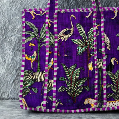 Purple Floral Hand-Printed Tote Bag