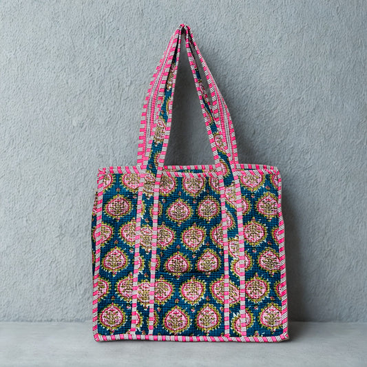 Pink Floral pattern Hand-Printed Tote Bag
