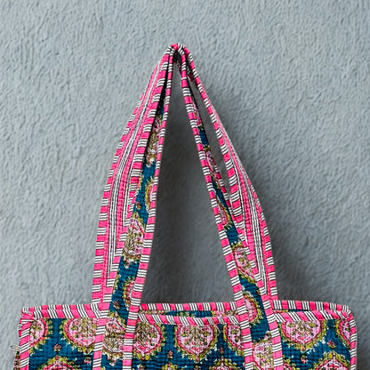 Pink Floral pattern Hand-Printed Tote Bag