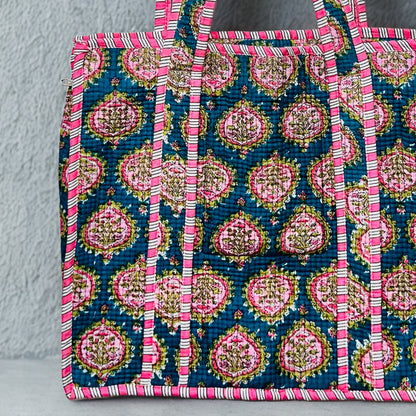Pink Floral pattern Hand-Printed Tote Bag
