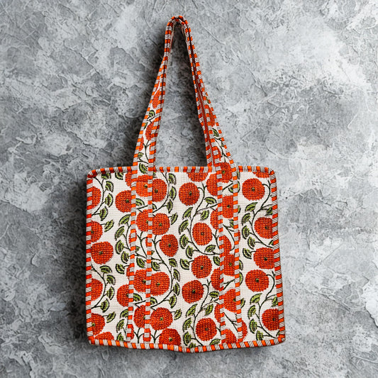 Orange Floral Hand Printed Tote Bag