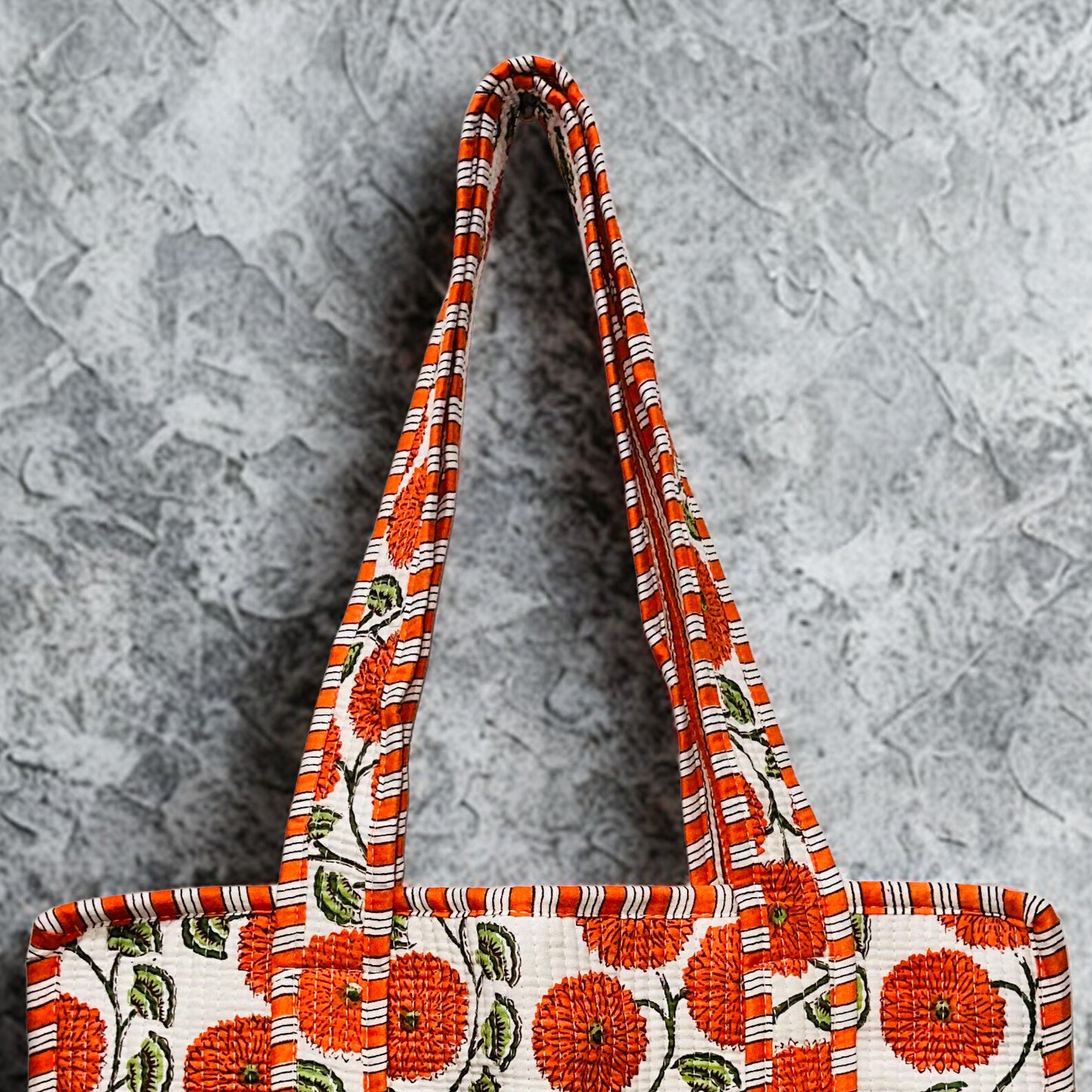 Orange Floral Hand Printed Tote Bag