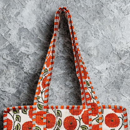 Orange Floral Hand Printed Tote Bag