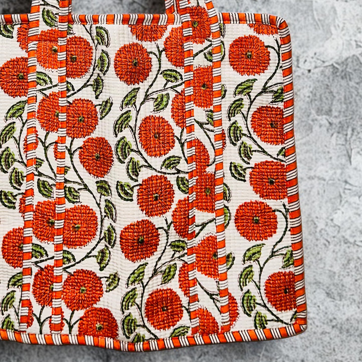 Orange Floral Hand Printed Tote Bag