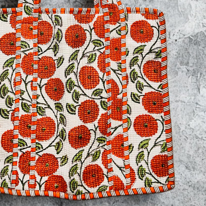 Orange Floral Hand Printed Tote Bag