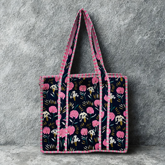 Pink Floral Hand-Printed Tote Bag