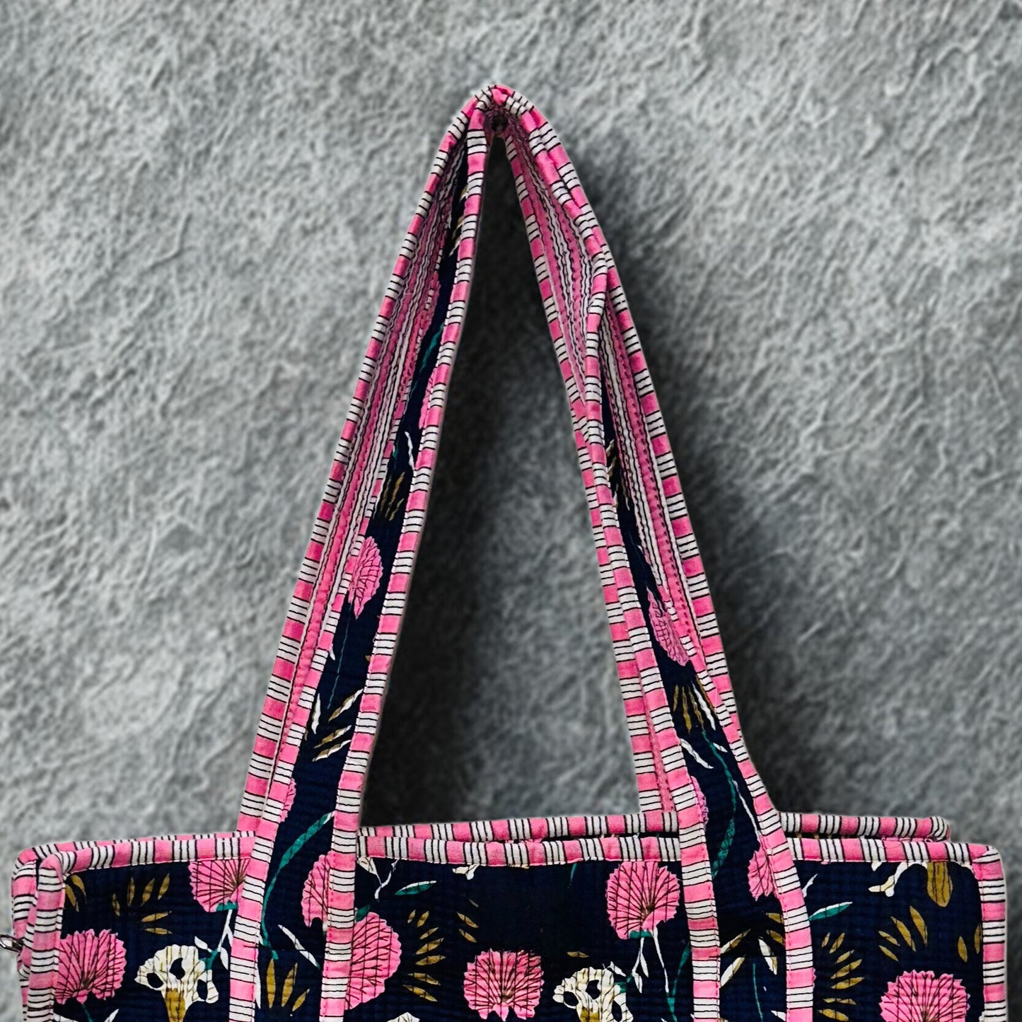 Pink Floral Hand-Printed Tote Bag
