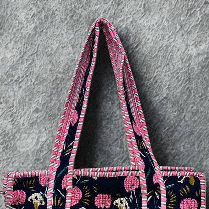 Pink Floral Hand-Printed Tote Bag