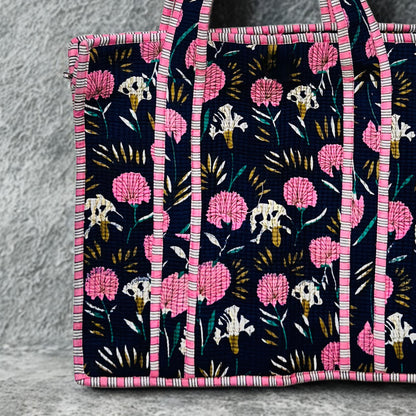Pink Floral Hand-Printed Tote Bag