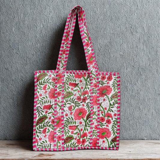 Pink Floral Hand-Printed Tote Bag