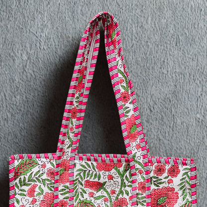 Pink Floral Hand-Printed Tote Bag