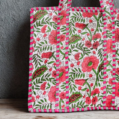 Pink Floral Hand-Printed Tote Bag
