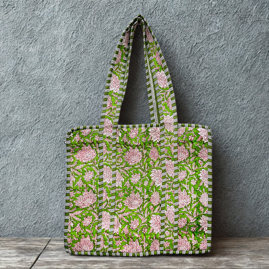 Green Floral Hand-Printed Tote Bag