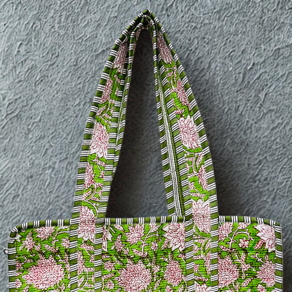 Green Floral Hand-Printed Tote Bag