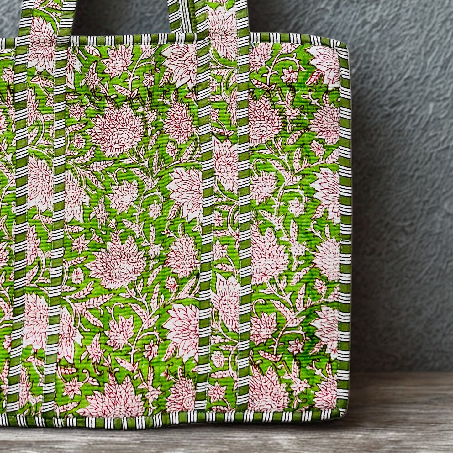 Green Floral Hand-Printed Tote Bag