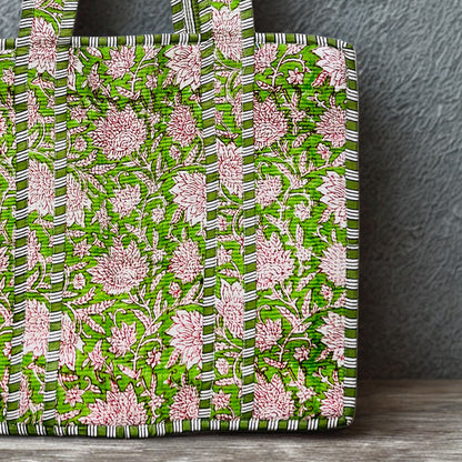 Green Floral Hand-Printed Tote Bag