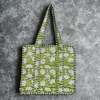 Green Floral Hand-Printed Tote Bag