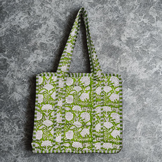 Green Floral Hand-Printed Tote Bag