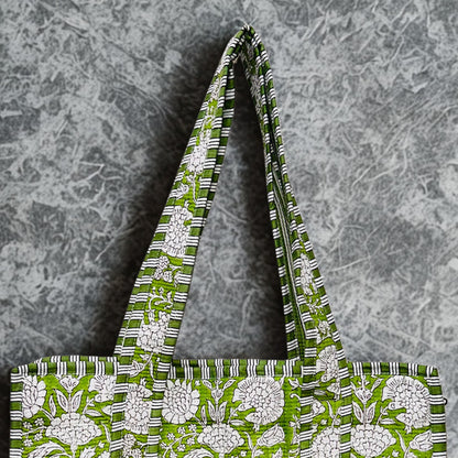 Green Floral Hand-Printed Tote Bag