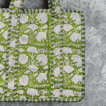 Green Floral Hand-Printed Tote Bag