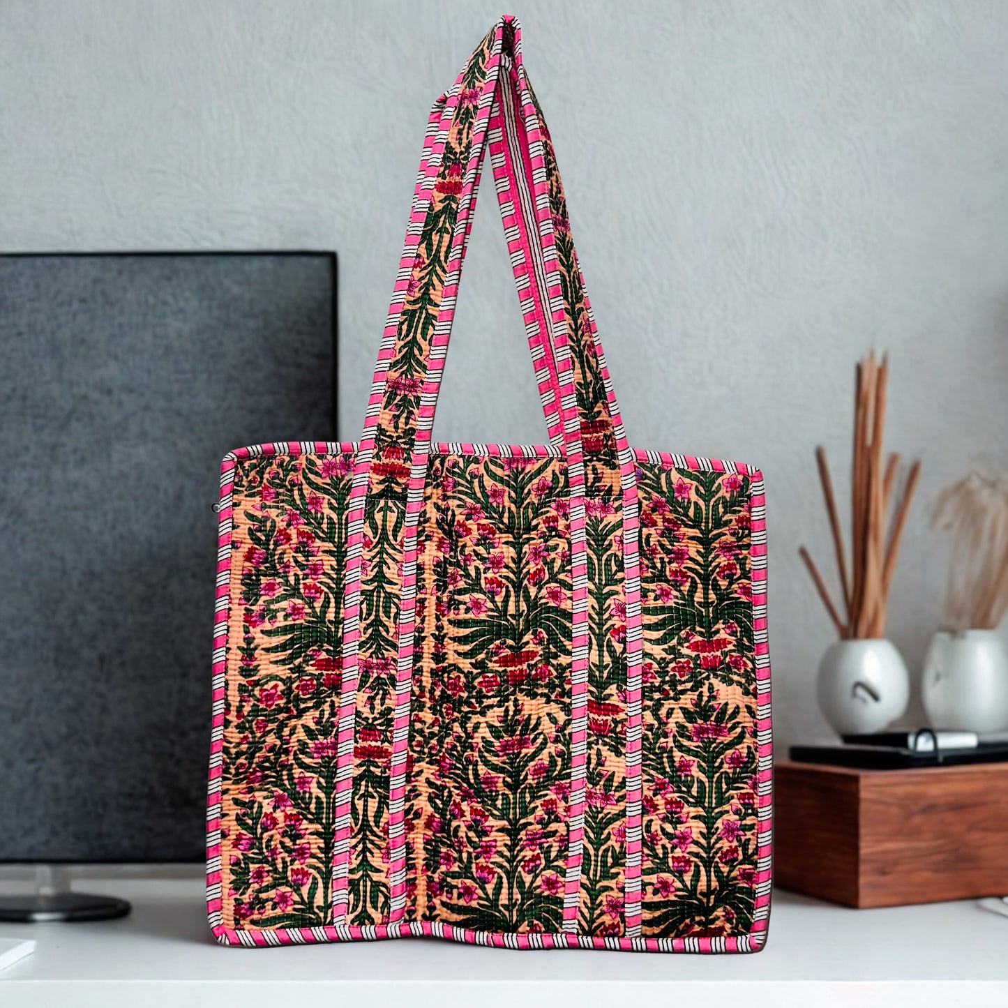 Floral Hand Printed Tote Bag