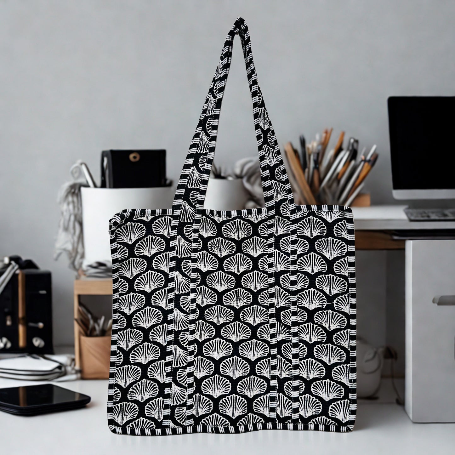 Black and white pattern Hand-Printed Tote Bag