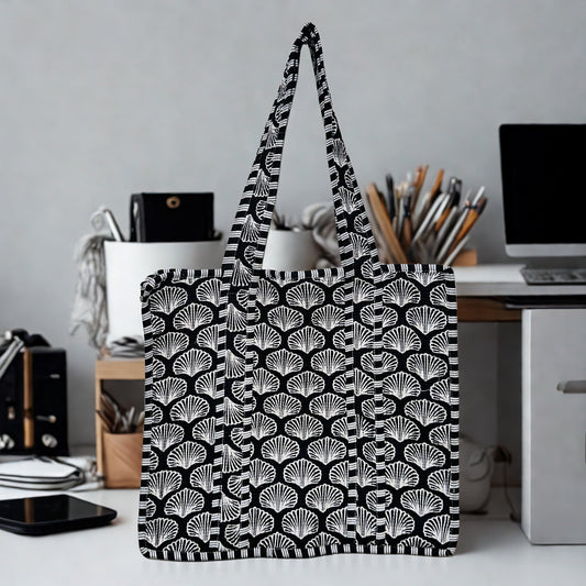 Black and white pattern Hand-Printed Tote Bag