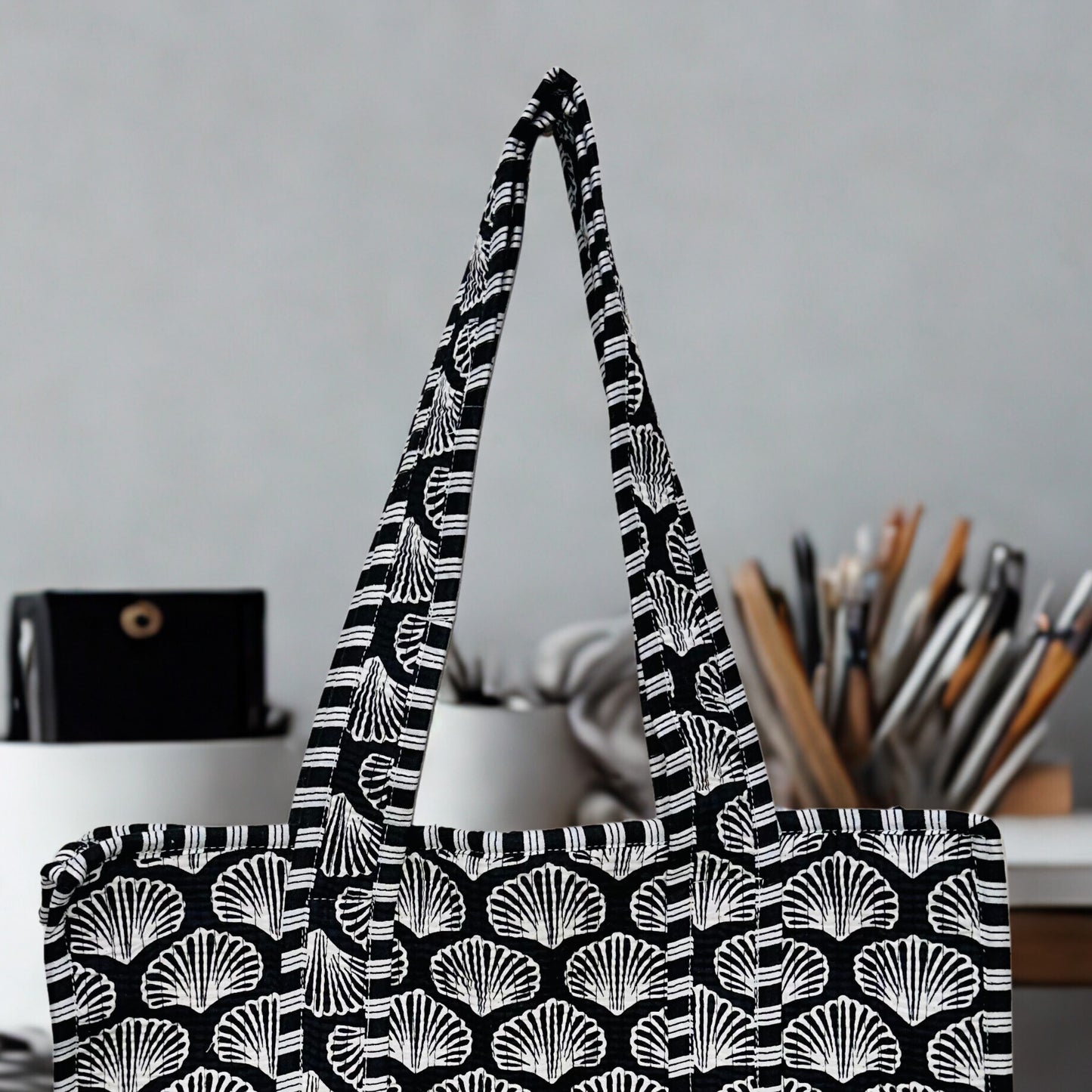 Black and white pattern Hand-Printed Tote Bag