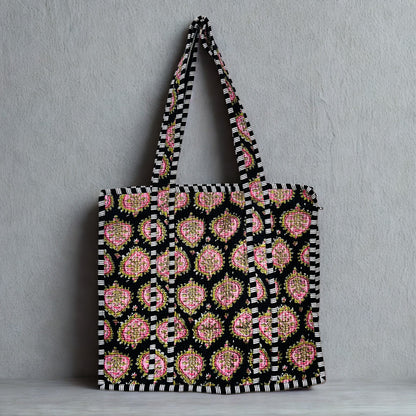 Black and pink pattern Hand-Printed Tote Bag