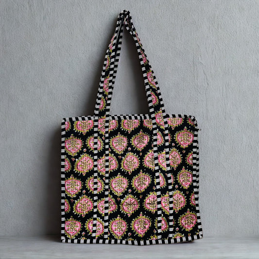 Black and pink pattern Hand-Printed Tote Bag