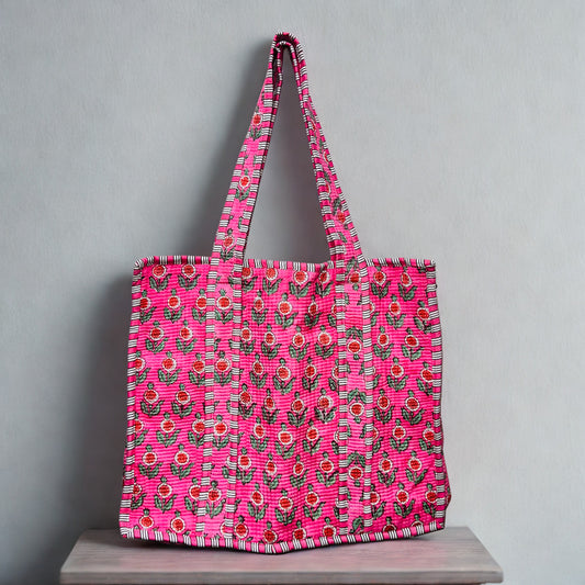 Pink Pattern Hand-Printed Tote Bag
