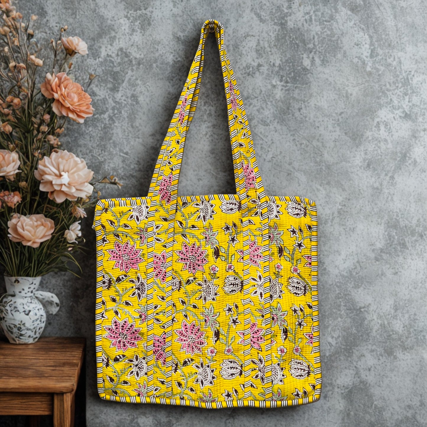 Yellow Floral Pattern Hand-Printed Tote Bag