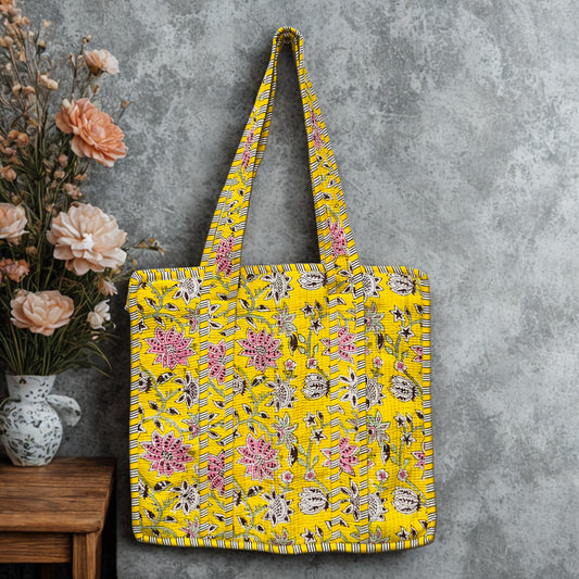 Yellow Floral Pattern Hand-Printed Tote Bag