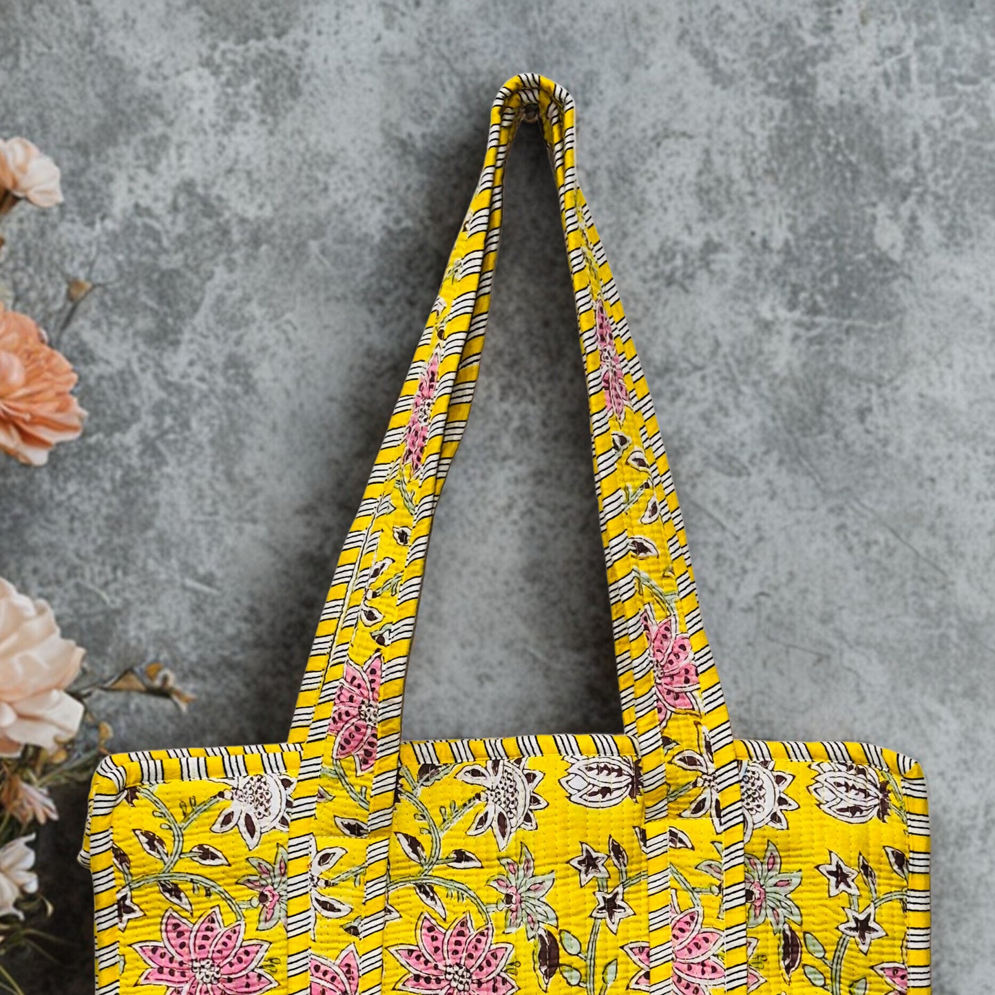 Yellow Floral Pattern Hand-Printed Tote Bag