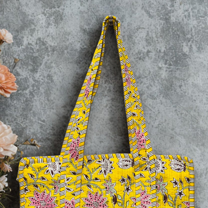 Yellow Floral Pattern Hand-Printed Tote Bag
