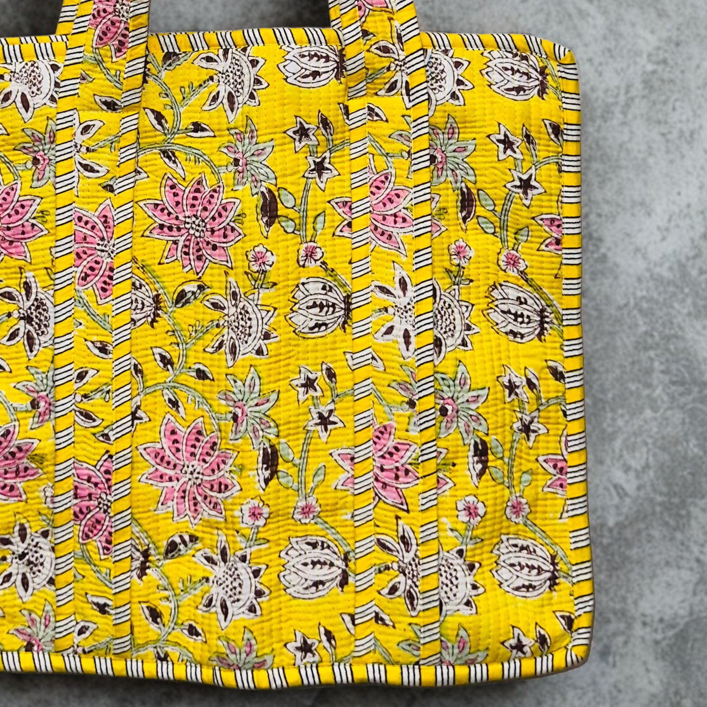 Yellow Floral Pattern Hand-Printed Tote Bag