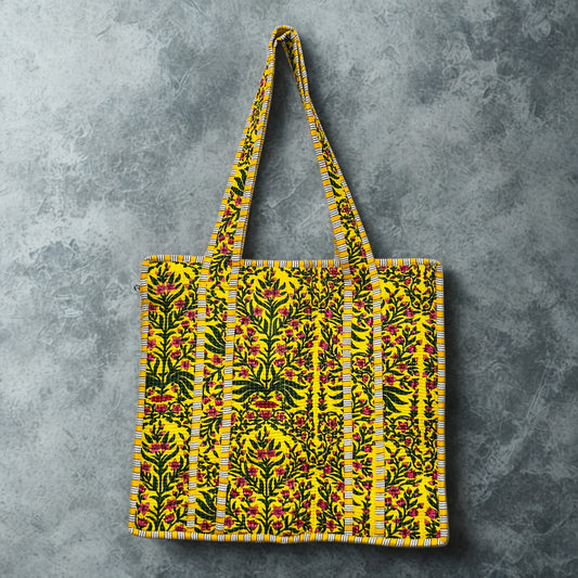 Yellow Floral Pattern Hand-Printed Tote Bag