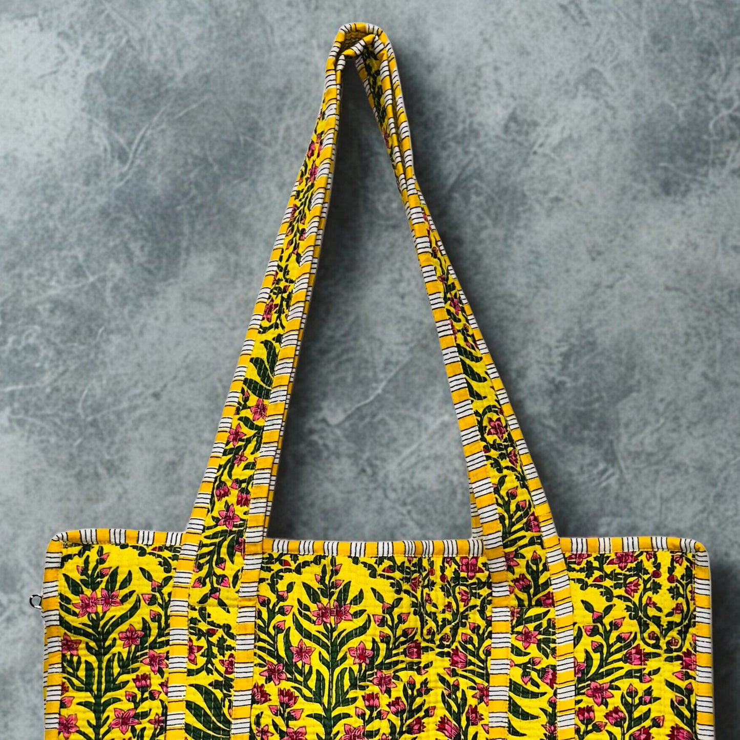 Yellow Floral Pattern Hand-Printed Tote Bag