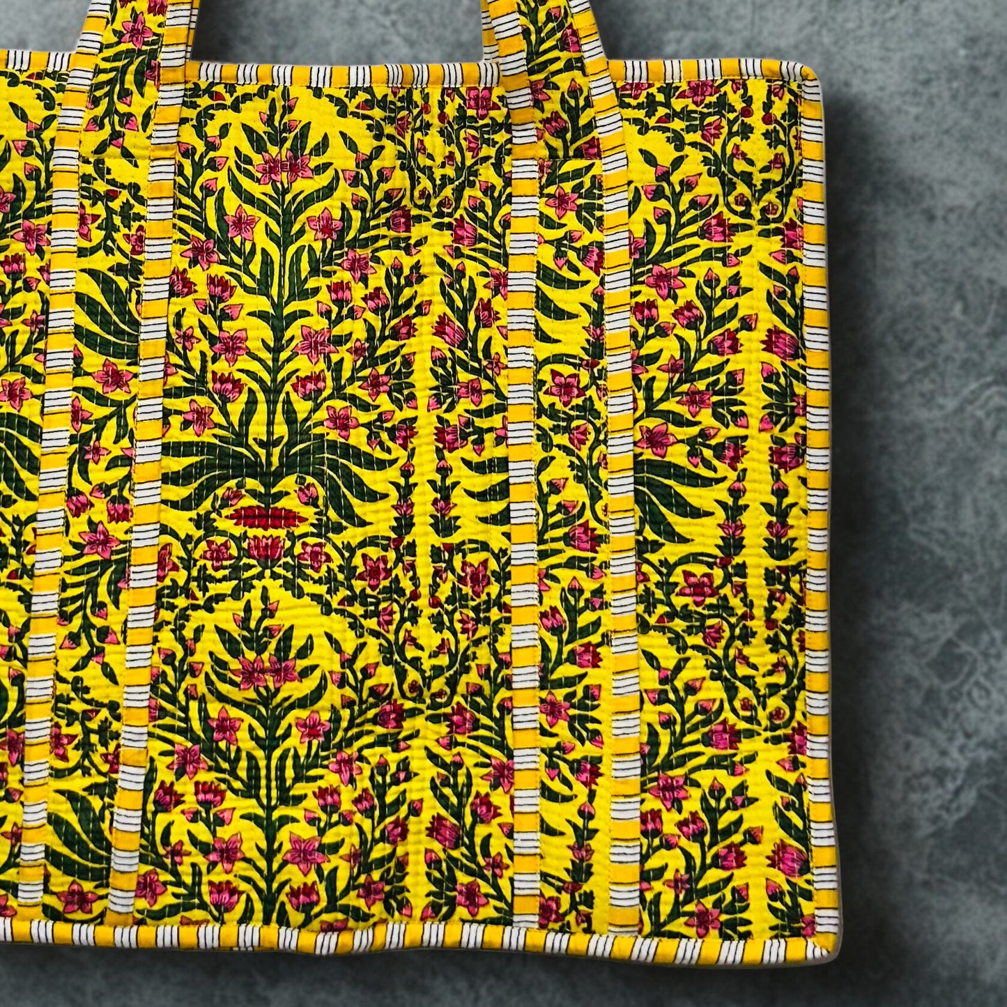 Yellow Floral Pattern Hand-Printed Tote Bag