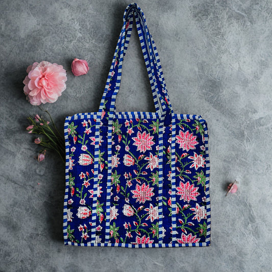 Pink Floral Pattern Hand-Printed Tote Bag