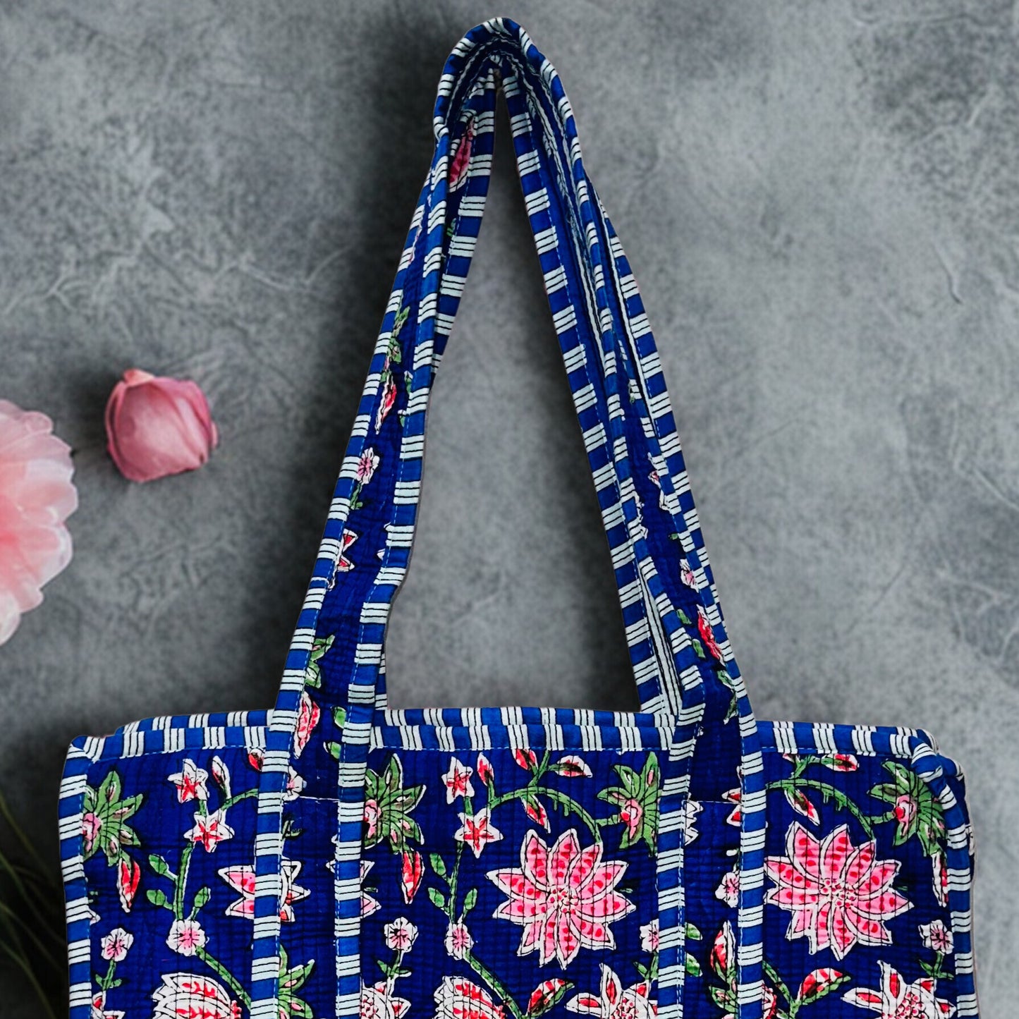 Pink Floral Pattern Hand-Printed Tote Bag