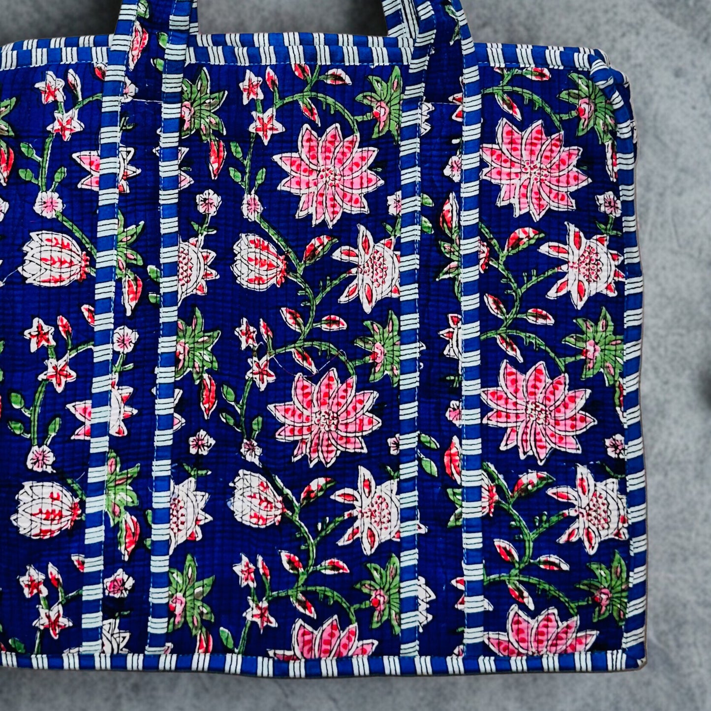 Pink Floral Pattern Hand-Printed Tote Bag