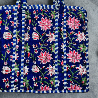 Pink Floral Pattern Hand-Printed Tote Bag