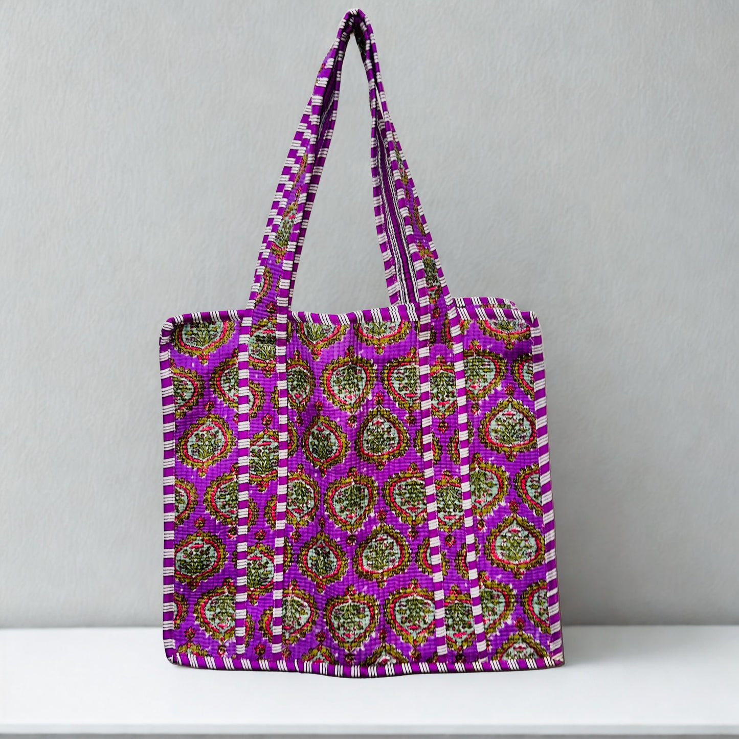 Purple Floral Pattern Hand-Printed Tote Bag