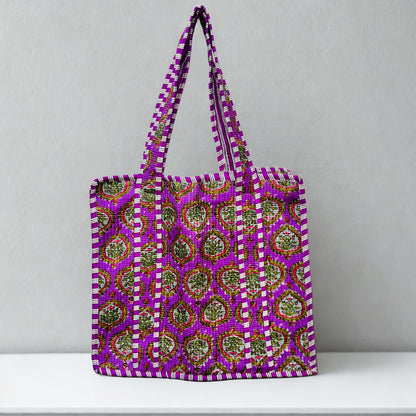 Purple Floral Pattern Hand-Printed Tote Bag