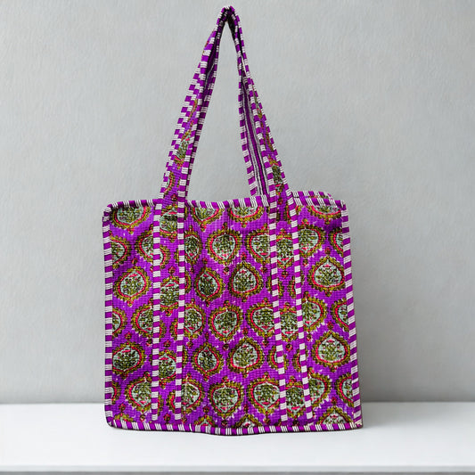 Purple Floral Pattern Hand-Printed Tote Bag