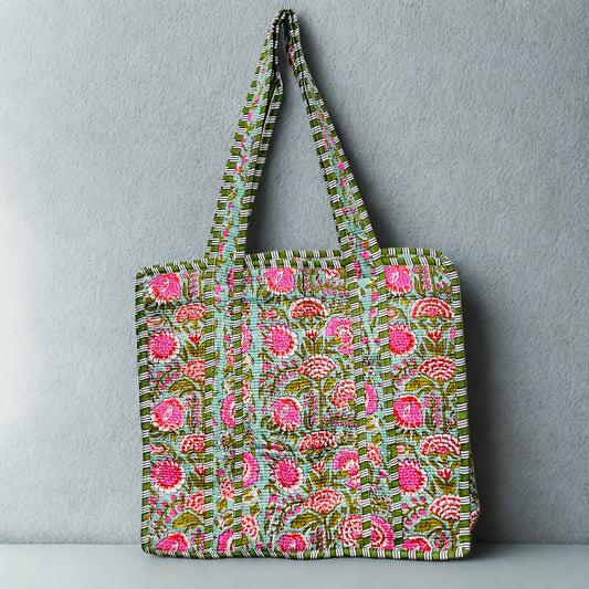 Pink Floral Pattern Hand-Printed Tote Bag
